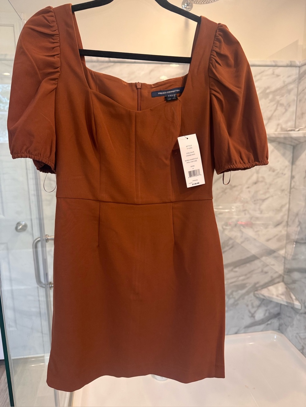Nwt French Connection Rust Brown Puff-Sleeve Square Neck dress size 4
